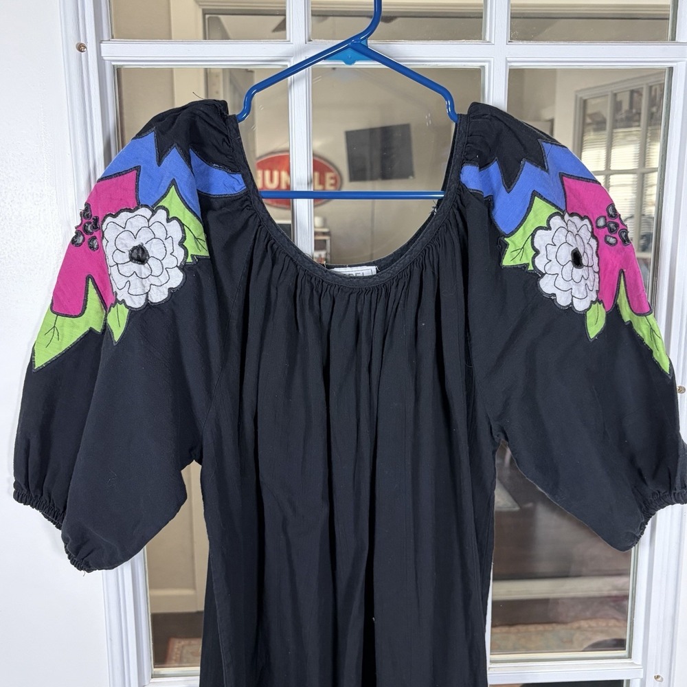 Vintage Appel Black Peasant Maxi Dress Floral Appliqué Puff Sleeve Boho S/M